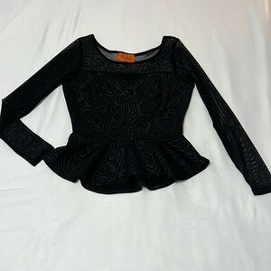 Voom by Joy Han Black Peplum Top with Sheer Neckline & Sleeves